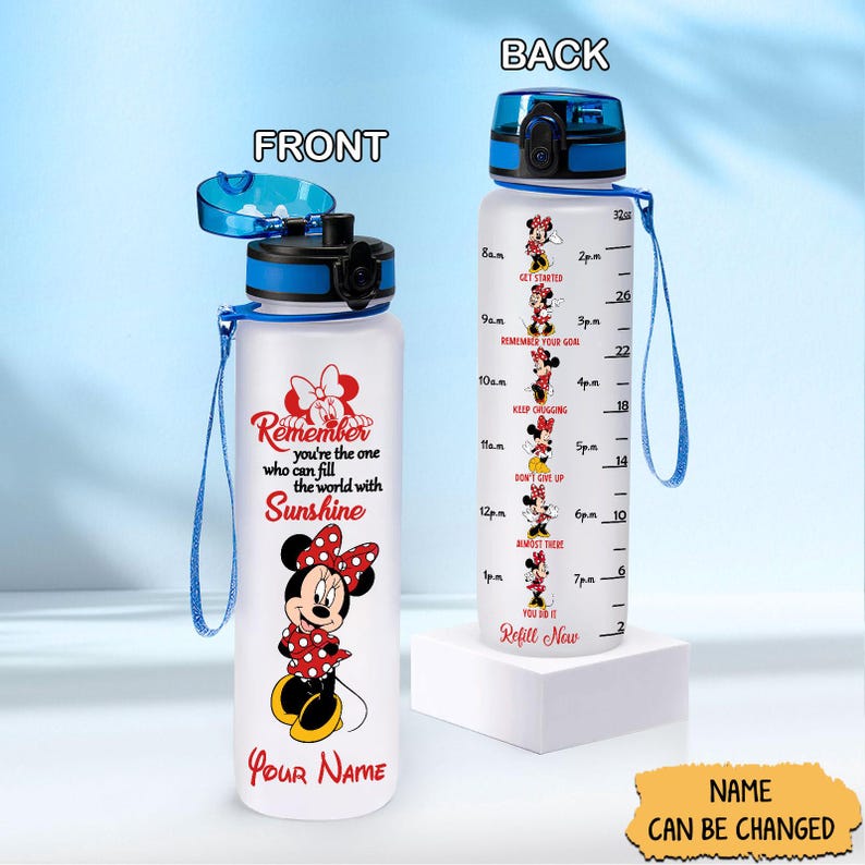 Minnie Mouse Water Tracker Bottle, Disney Minnie Women Bottle 32oz, Personalized Bottle, Disney Girls Bottle, Mickey Water Bottle