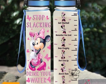 Minnie tägliche Wasserverfolger, personalisierte Minnie Wasserflasche, Wasserflasche mit Riemen 32 oz, Minnie Sportflasche, Minnie Geburtstagsgeschenk
