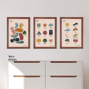 Póster Montessori multilingüe de 3 piezas para pared infantil con inmersión en japonés e inglés, clima, formas, sentimientos y emociones, archivo digital.
