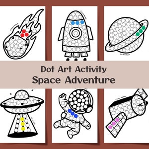 May include: A black and white printable dot art activity for kids featuring space-themed images. The images include a comet, rocket, planet, UFO, astronaut, and satellite. Each image has a letter and word next to it, such as "C is for Comet" and "S is for Satellite".