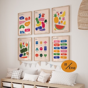 set of 6 Italian English Nursery poster, Bilingual classroom, Learning Weeks Months Shapes Fruits,  Rainbow kid art prints, Instant Download