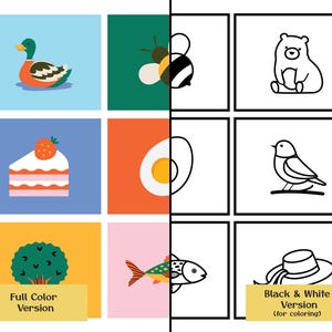 May include: A split image with colourful and monochrome illustrations. The left side displays a duck, bee, cake, egg, bush, and fish. The right side shows a bear, bird, fish, and hat. Text at the bottom reads "Full Color Version" and "Black & White Version (for coloring)."
