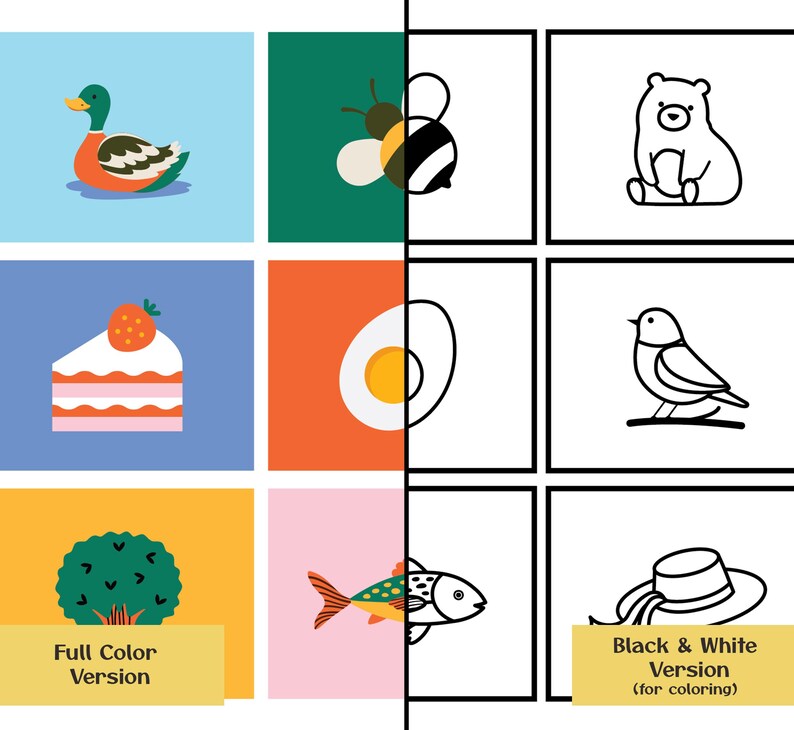 May include: A split image with colourful and monochrome illustrations. The left side displays a duck, bee, cake, egg, bush, and fish. The right side shows a bear, bird, fish, and hat. Text at the bottom reads "Full Color Version" and "Black & White Version (for coloring)."