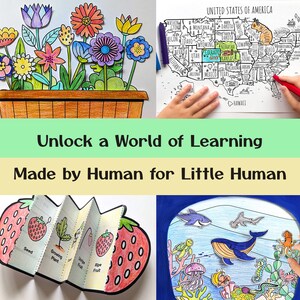 May include: A collection of educational activity sheets featuring a colored flower pot, a map of the United States of America, a strawberry life cycle accordion book with text labels, and a marine life scene with various sea creatures in a blue frame.
