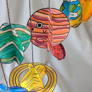 May include: A hanging mobile featuring three-dimensional paper planets and celestial bodies. The planets are illustrated with colorful markers, including a striped orange Jupiter, a yellow ringed planet, and a blue Earth with the text Earth visible.