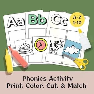 Preschool Phonics Activity | Beginning Sounds Cards | Letter Number Match | A-Z Alphabet Worksheets | Picture Match Coloring | Play & Learn