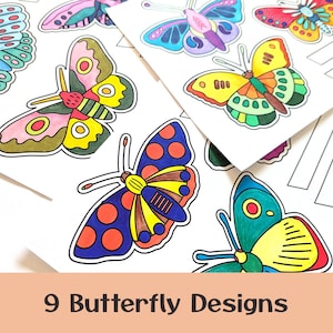 May include: Nine colorful butterfly designs on white paper. The butterflies feature various patterns and colors, including blue, yellow, red, and green, outlined in black. The text "9 Butterfly Designs" is at the bottom of the image.