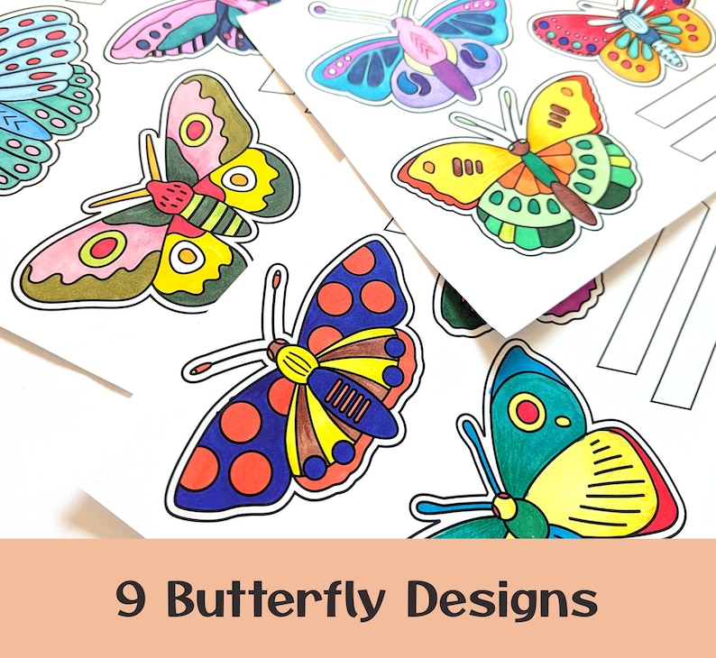 May include: Nine colorful butterfly designs on white paper. The butterflies feature various patterns and colors, including blue, yellow, red, and green, outlined in black. The text "9 Butterfly Designs" is at the bottom of the image.