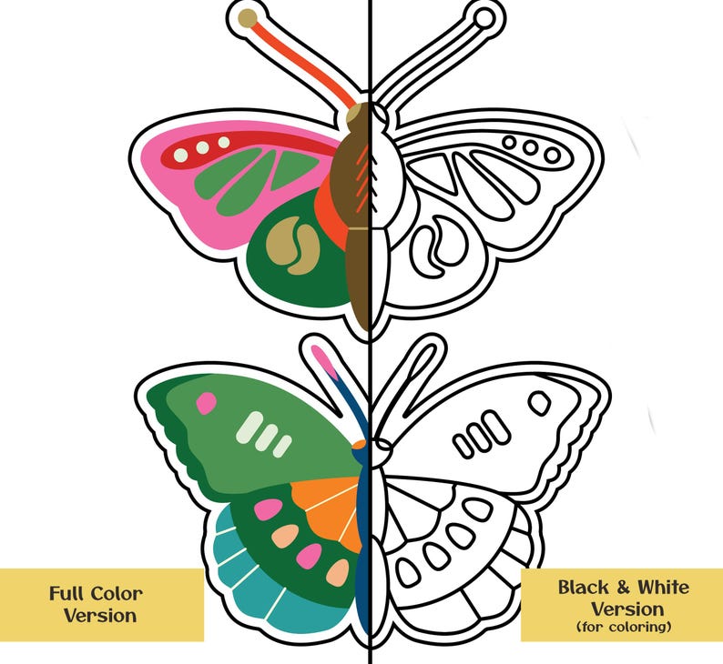 May include: A split illustration of two butterflies. One side is fully colored with pink, green, orange, and blue. The other side is a black and white outline for coloring. Text at the bottom reads "Full Color Version" and "Black & White Version (for coloring)".
