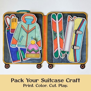 Könnte beinhalten: Ein farbenfrohes Papierbastelprojekt mit einem offenen Koffer voller Winterausrüstung. Der Koffer enthält eine Jacke, Mütze, Handschuhe, Skier und ein Snowboard. Der Text unten lautet "Pack Your Suitcase Craft. Print. Color. Cut. Play."