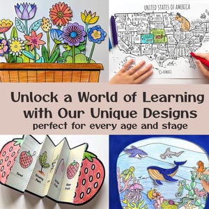 May include: A collage of four images showing printable educational activities for kids. The first image shows a flower pot with colorful flowers. The second image shows a map of the United States. The third image shows a life cycle of a strawberry. The fourth image shows a colorful ocean scene with sea creatures.