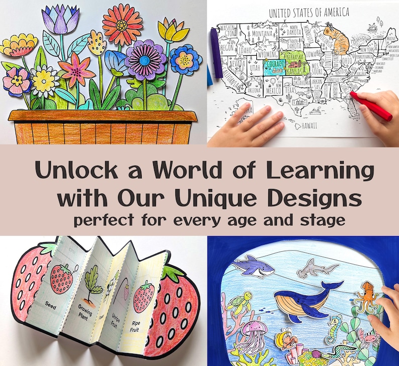 May include: A collage of four images showing printable educational activities for kids. The first image shows a flower pot with colorful flowers. The second image shows a map of the United States. The third image shows a life cycle of a strawberry. The fourth image shows a colorful ocean scene with sea creatures.