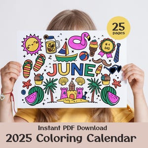 Kleurkalender voor kinderen 2025, maandelijkse wandkalender met maanden en dagen, klasplanner en ambachtelijke activiteit, trackinggrafiek, direct downloaden