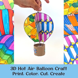 Activité manuelle de montgolfière en 3D, coloriage et découpage pour enfants