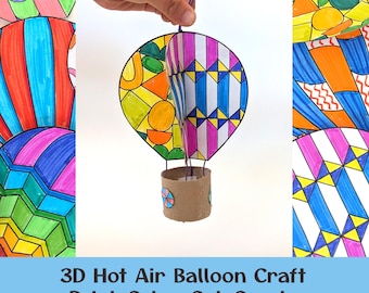 3D Hot Air Balloon Craft, Color and Cut Kid Activity