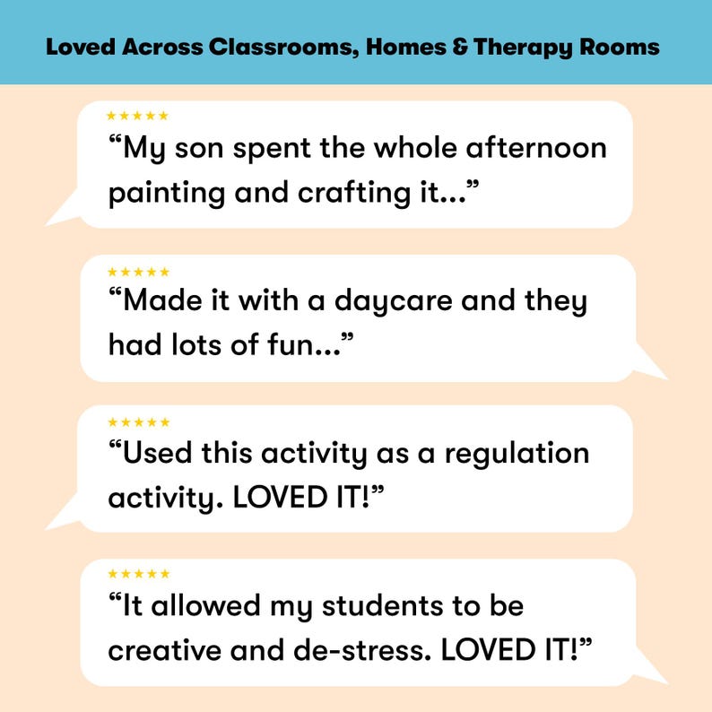 May include: A graphic featuring the text Loved Across Classrooms, Homes & Therapy Rooms above four white speech bubbles. Each bubble contains a five-star rating and a customer review about painting, crafting, daycare activities, and student regulation.