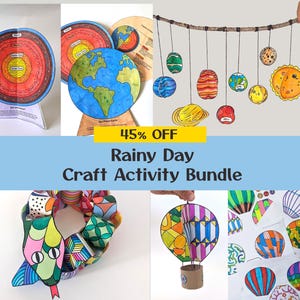以下が含まれることがあります： 地球の層のペーパーモデル、吊り下げ式の太陽系モバイル、紙のヘビ、熱気球など、カラフルなクラフトプロジェクトのコレクションです。「45% OFF Rainy Day Craft Activity Bundle」というテキストが表示されています。