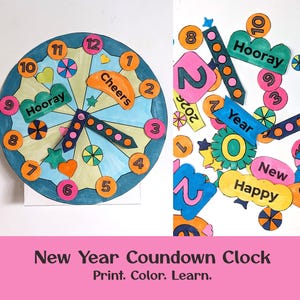 May include: A colorful New Year's countdown clock with a blue border, featuring numbers, shapes, and the words "Hooray" and "Cheers." Additional cutouts include numbers, stars, and the words "Happy" and "Year."