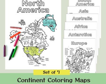 7 Continents Map | Illustrated World Geography Coloring Pages (Digital Download)
