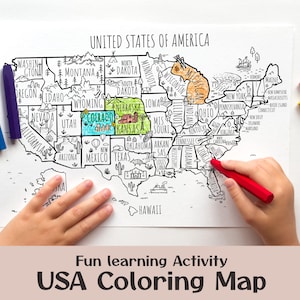 Mapa para colorir dos estados dos EUA | Geografia educativa para imprimir (Download digital)
