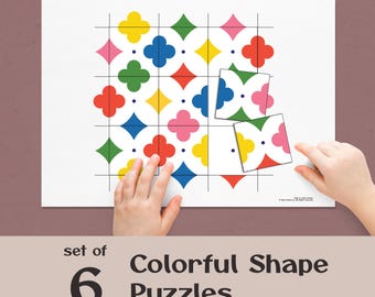 Set von 6 Formen und Farben Puzzle zum ausdrucken, Feinmotorik Aktivität (PDF-Muster)