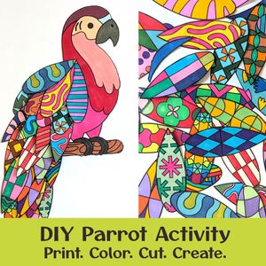 Puede incluir: Una colorida hoja de actividades de loro DIY. El loro tiene una cabeza roja, un pecho rosa y alas adornadas con patrones geométricos multicolores. El texto en la parte inferior dice: DIY Parrot Activity. Print. Color. Cut. Create.