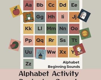 May include: An educational alphabet chart titled Alphabet Beginning Sounds featuring a grid of letters from Aa to Zz in various muted colors. The chart includes separate square cards with illustrations of an apple, frog, milk, sun, watermelon, vase, and queen.