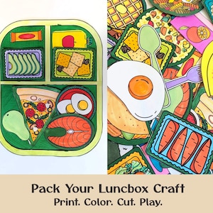 May include: A colorful, illustrated lunchbox craft with various food items like pizza, salmon, and avocado slices. The image includes the text "Pack Your Lunchbox Craft. Print. Color. Cut. Play."