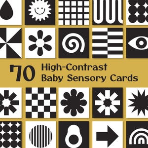 70 cartões sensoriais de alto contraste para bebês em preto e branco, flashcards sensoriais Montessori imprimíveis para estimulação infantil - DOWNLOAD DIGITAL