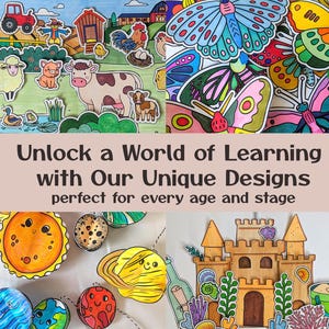 May include: A vibrant collage of paper cutouts depicting farm animals, butterflies, planets, and a castle. The text "Unlock a World of Learning with Our Unique Designs perfect for every age and stage" is displayed in the center.