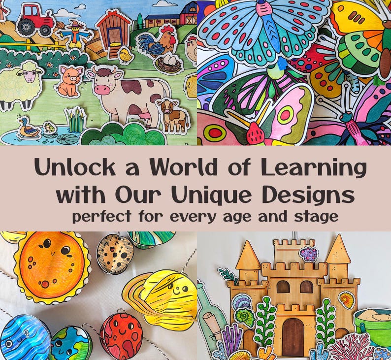 May include: A vibrant collage of paper cutouts depicting farm animals, butterflies, planets, and a castle. The text "Unlock a World of Learning with Our Unique Designs perfect for every age and stage" is displayed in the center.