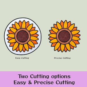 May include: Two sunflower designs with orange and yellow petals and brown centers are displayed. One is circular with the text "Easy Cutting," and the other is a standalone sunflower with the text "Precise Cutting." The text "Two Cutting options Easy & Precise Cutting" is below.