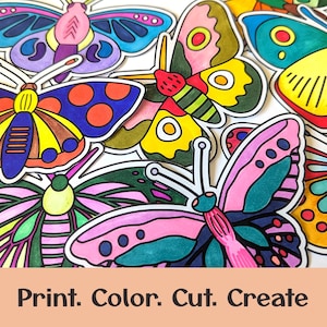 May include: A collection of colorful, hand-drawn butterfly cutouts. The butterflies feature a variety of patterns and colors, including blue, pink, yellow, and green. The text "Print. Color. Cut. Create" is at the bottom of the image.