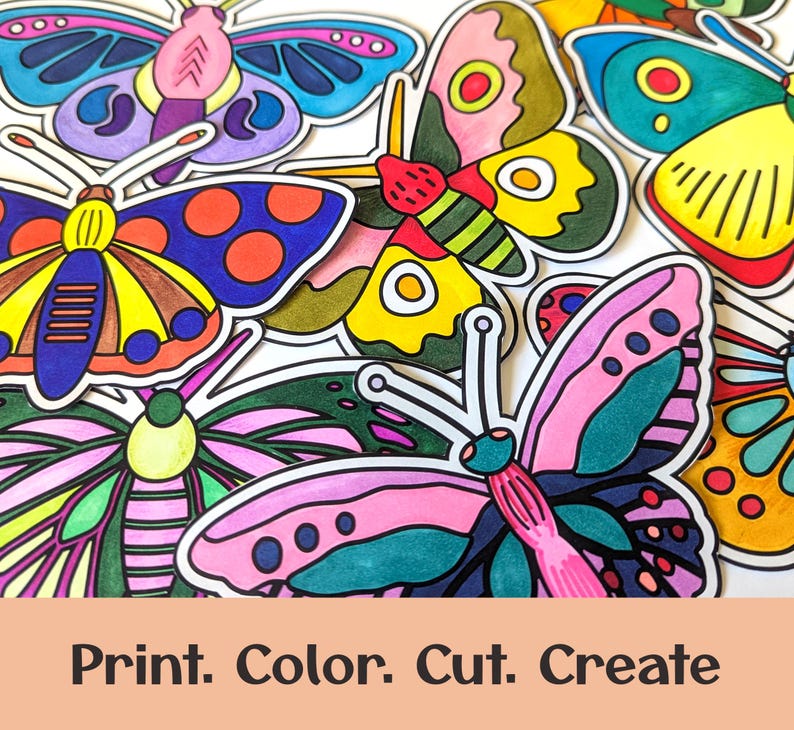 May include: A collection of colorful, hand-drawn butterfly cutouts. The butterflies feature a variety of patterns and colors, including blue, pink, yellow, and green. The text "Print. Color. Cut. Create" is at the bottom of the image.