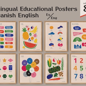 8 pc Bilingual Spanish English Language class, Nursery poster, numbers, Color, Shapes fruits weather Learning playroom prints, Printable art