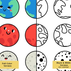 May include: A digital illustration featuring three rows of circular planet icons. Each row displays a full-color character version, a half-color and half-line art version, and a full line art version for coloring. The planets include Earth, Mars, and the Moon.