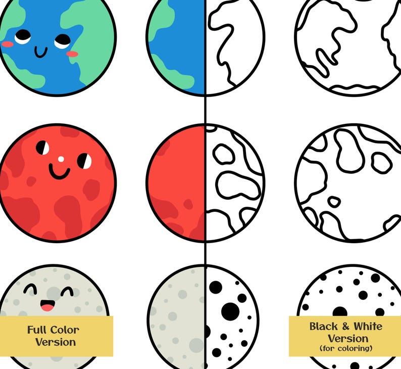 May include: A digital illustration featuring three rows of circular planet icons. Each row displays a full-color character version, a half-color and half-line art version, and a full line art version for coloring. The planets include Earth, Mars, and the Moon.