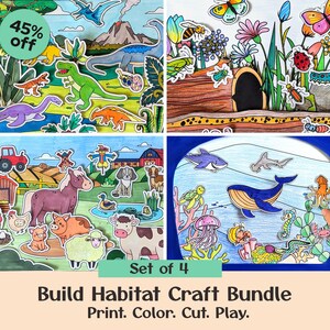 Puede incluir: Un conjunto de cuatro Build Habitat Craft Bundles. Cada paquete presenta escenas recortadas e ilustradas de dinosaurios, insectos, animales de granja y criaturas marinas. El texto dice "Print. Color. Cut. Play."