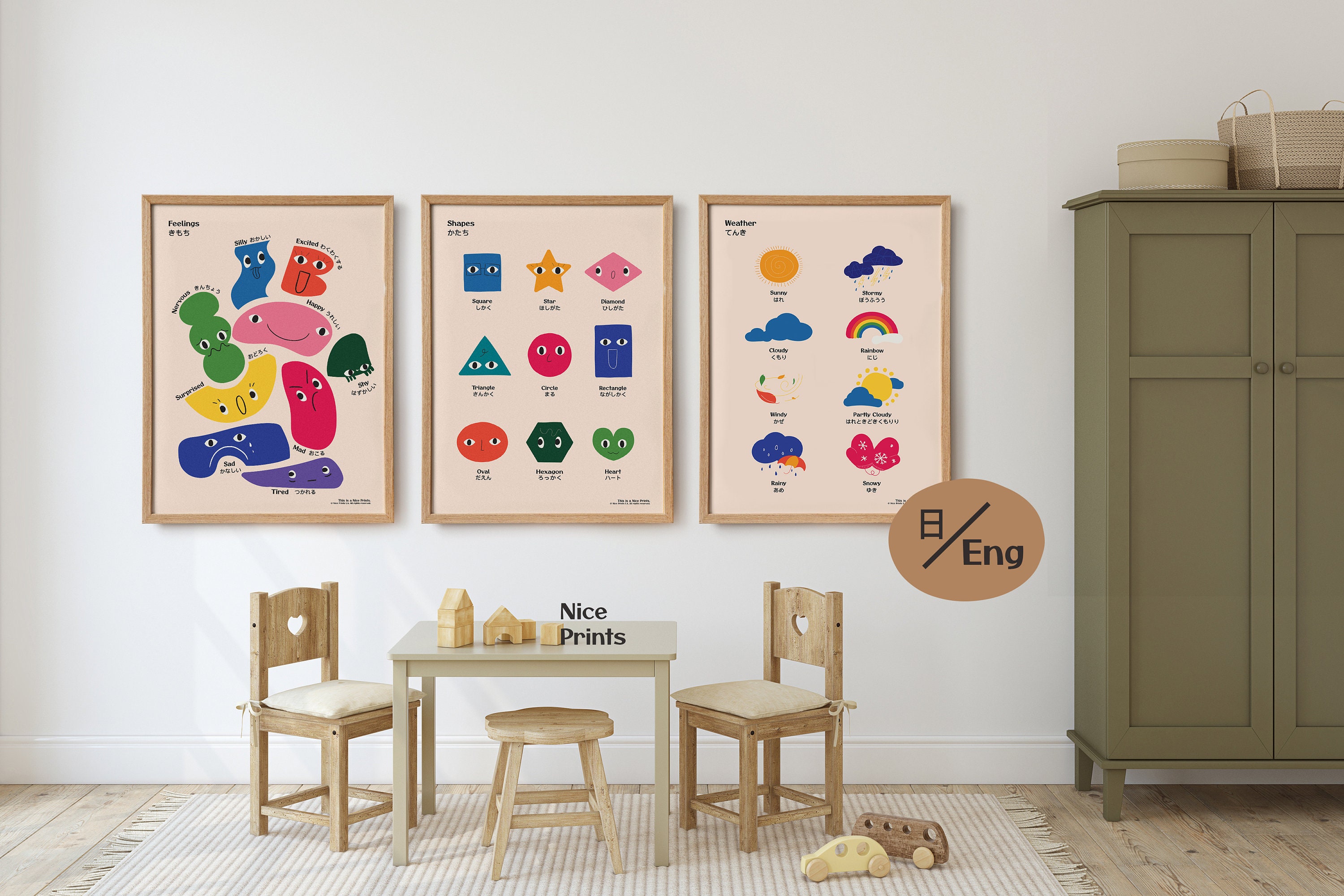 8 Pc Bilingual Japanese English Language Class, Nursery Poster, Emotion ...