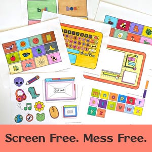 May include: A selection of colourful, hand-drawn educational printables. The images include a laptop, alphabet blocks, and various illustrated objects like a frog, a dinosaur, and a pencil. The text "Screen Free. Mess Free." is at the bottom.