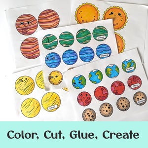 May include: Several sheets of paper featuring hand-drawn illustrations of planets and the sun with smiling faces. The colorful circular designs include labels for Earth, Mars, Mercury, Saturn, Uranus, and Neptune, intended for coloring and cutting.