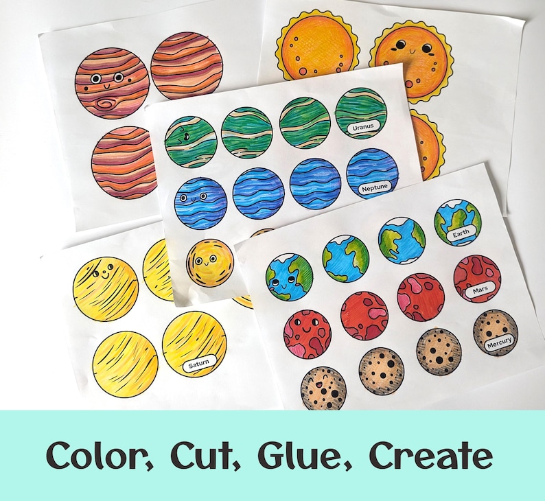 May include: Several sheets of paper featuring hand-drawn illustrations of planets and the sun with smiling faces. The colorful circular designs include labels for Earth, Mars, Mercury, Saturn, Uranus, and Neptune, intended for coloring and cutting.