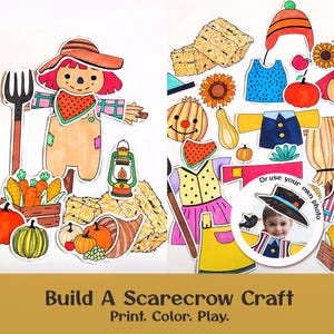 DIY vogelverschrikker afdrukbaar | Herfst knip- en plakactiviteit voor kinderen | Voeg je eigen foto toe | Herfstklas, Homeschool Coloring Art Project