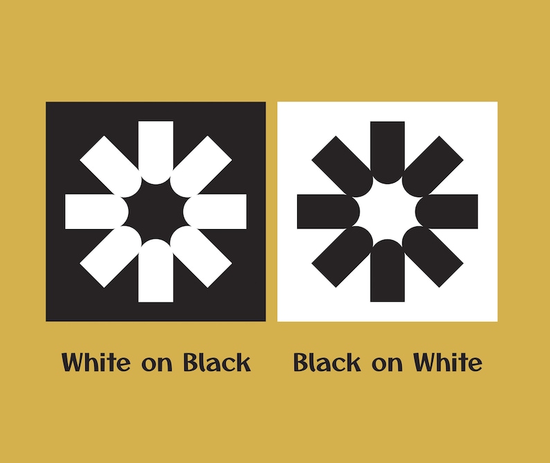 May include: A graphic design featuring two squares with a stylized floral design. One square has a white design on a black background, and the other has a black design on a white background. The text "White on Black" and "Black on White" is below the squares.