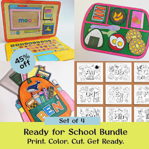 Può includere: Un colorato set di carta per la scuola, con un laptop con la parola "moon", un vassoio per il pranzo, uno zaino con il nome "BEN" e pagine da colorare dell'alfabeto. Include una promozione del 45% di sconto. Il set è etichettato come "Ready for School Bundle".