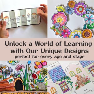 May include: A collage of colorful educational designs. Includes a mushroom life cycle diagram, a floral wreath, a garden scene with insects, and a house-shaped craft. Text reads: "Unlock a World of Learning with Our Unique Designs."