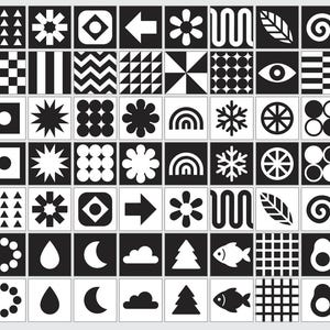 May include: A black and white geometric pattern design featuring various shapes and symbols. The design includes squares with circles, triangles, arrows, flowers, and other abstract forms. The overall aesthetic is minimalist and graphic.
