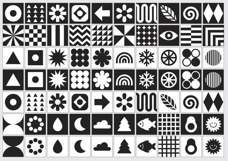 May include: A black and white geometric pattern design featuring various shapes and symbols. The design includes squares with circles, triangles, arrows, flowers, and other abstract forms. The overall aesthetic is minimalist and graphic.