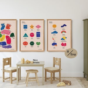 Juego de 3 pósteres infantiles italianos e ingleses, clase bilingüe, aprendizaje de formas, sentimientos y clima, láminas de arte mural infantil con arcoíris, descarga imprimible