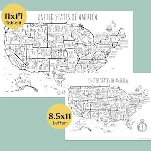 May include: Two black and white printable maps of the United States. The top map is labeled "11x17 Tabloid" and the bottom map is labeled "8.5x11 Letter". Both maps feature a hand-drawn style with each state outlined and labeled.